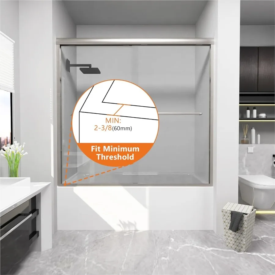 Bathtub Sliding Doors, Semi-Frameless Bypass Tub Doors, 56-60 inch W x 56 inch Height, 1/4 inch Tempered Safety Glass, Brushed 6