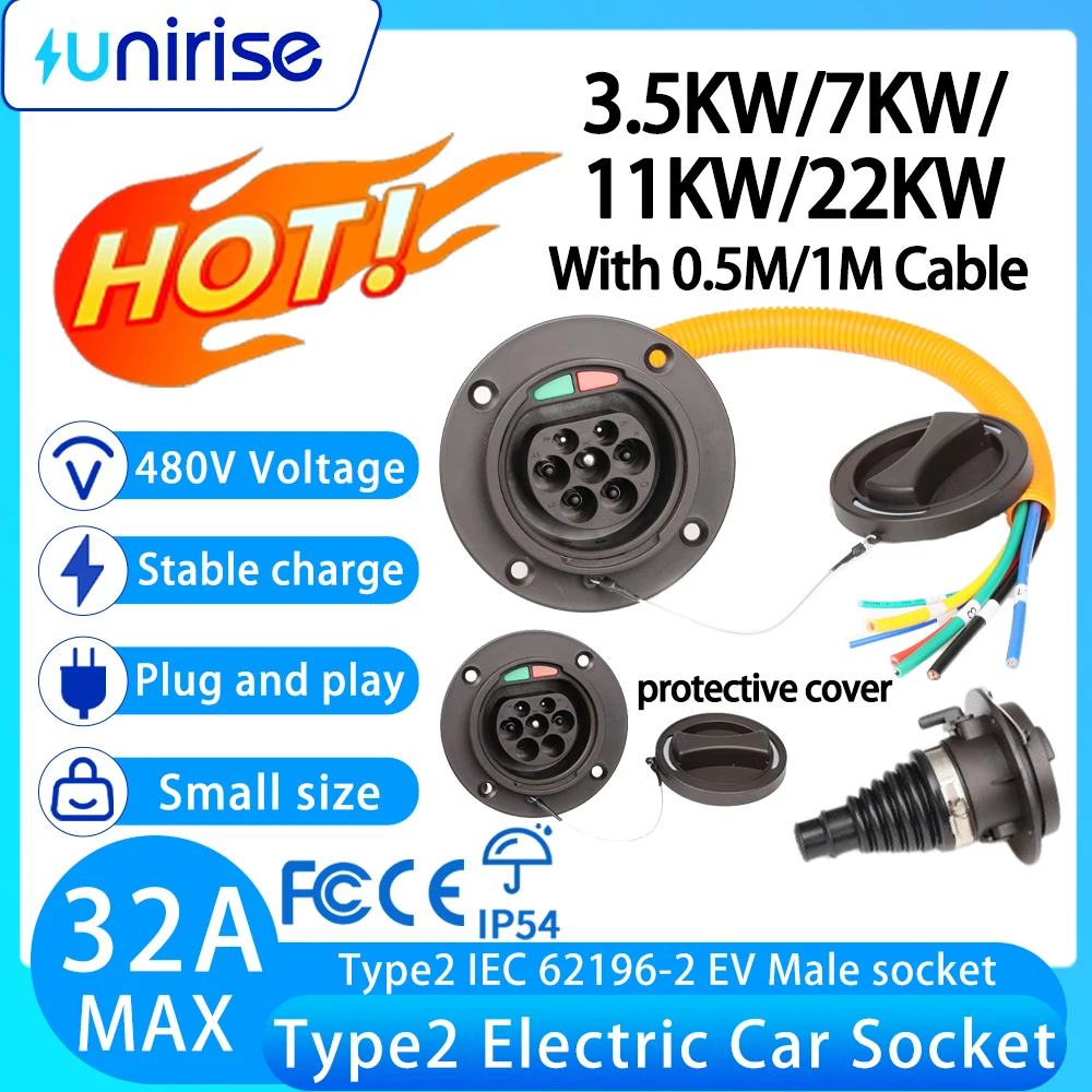 Type2 EV Charging Socket 16A 32A 7KW Single or Three Phase-with 0.5M Cable IEC 62196 for EU Standard Type 2 Electric car socket