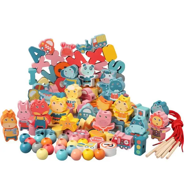 Kids Montessori Wooden Lacing Toy DIY Wooden Beads For Children Cartoon Animals Fruit Letter Digital Beads Threading Toys Gifts 6