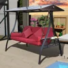 Outdoor Porch Swing with Polycarbonate Hardtop, 3 Seat Patio Swing with Convertible Backrest, 2 Side Cup Holder, Cushion 1