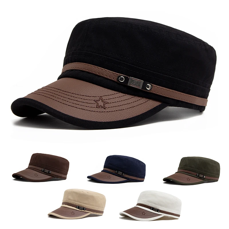 Casual hat Flat Hat Women Fashion PU Leather Brim Men Baseball Cap Soft Cotton Cloth Casual Visor Trucker Hat Autumn Summer Adjustable