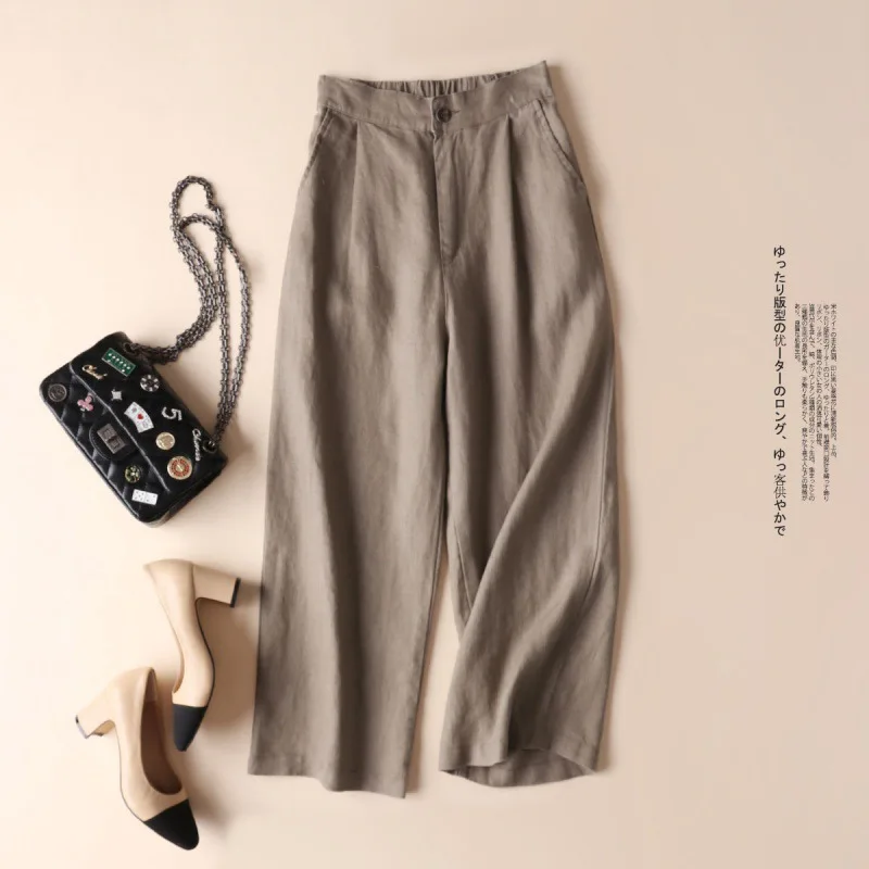 Women Cotton Linen Loose Comfort Elastic Waist Harem Vintage Solid Casual Pockets Wide Leg Trousers Cropped