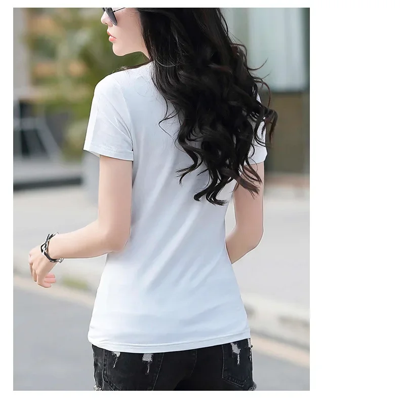 White V-neck Sleeved T-shirt for Women's Summer Wear 2024 New Korean Version Loose Half Sleeved T-shirt Short Upper Garment