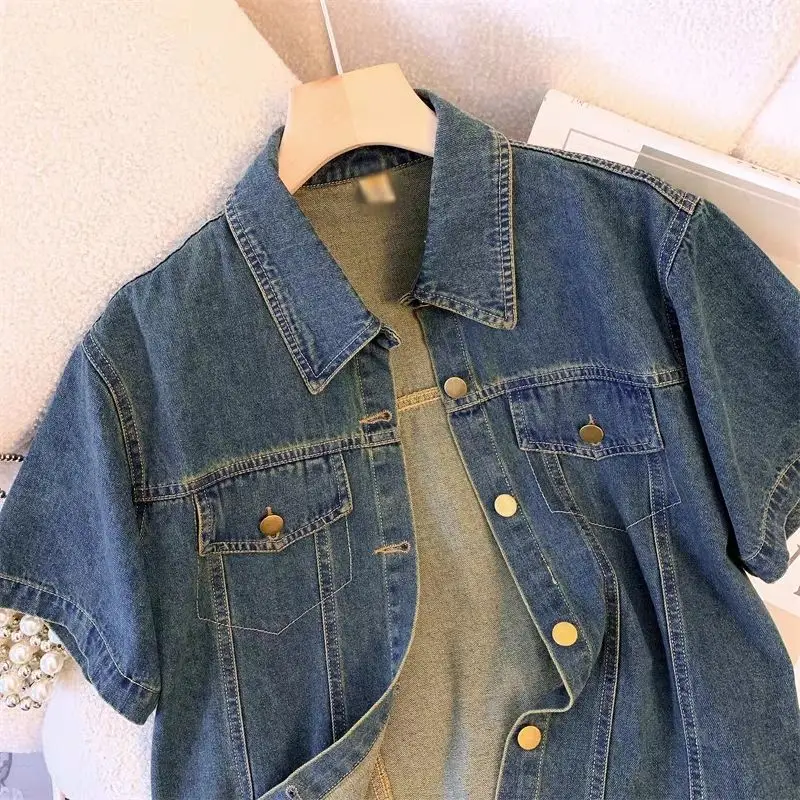 2024 New Summer Retro Young Style Casual Versatile Short Sleeved Thin Jackets Solid Color Lapel Pocket Button Women's Coat Top