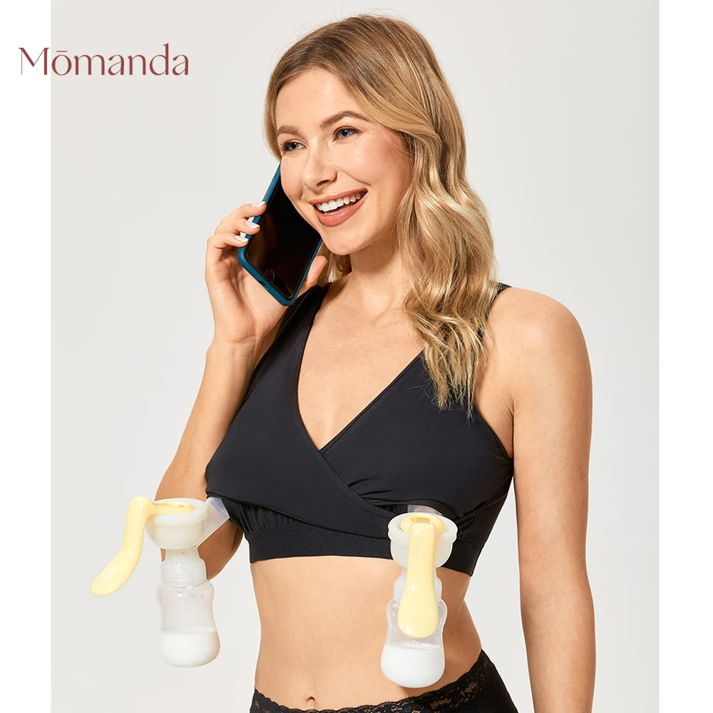 MOMANDA 2PCS Cotton Hands-Free Pumping Bra Wireless Crossover Nursing Breastfeeding Sleep Maternity Lingerie Soft XS-L