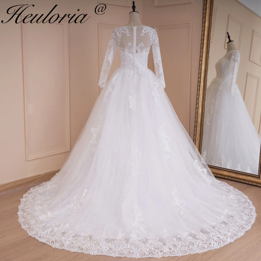 HEULORIA Princess Ball Gown Wedding Dress long sleeve bride dress O neck plus size robe de mariee Lace beading Bridal Gown