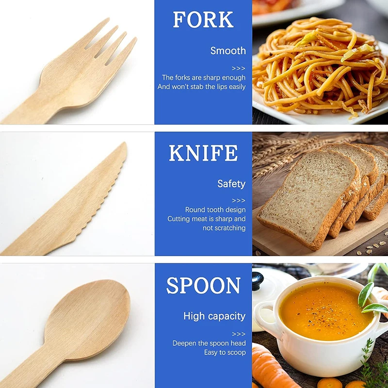30/60/150Pcs Disposable Food Fork Spoon Knife, 6" Natural Wooden Cutlery Set, Tableware