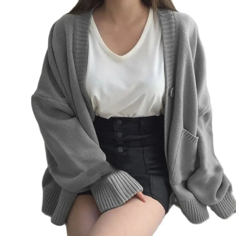 2023 Autumn Women's Sweater Fashion V-neck Vintage Knitted Cardigan Korean Loose Solid Sweaters Female 6