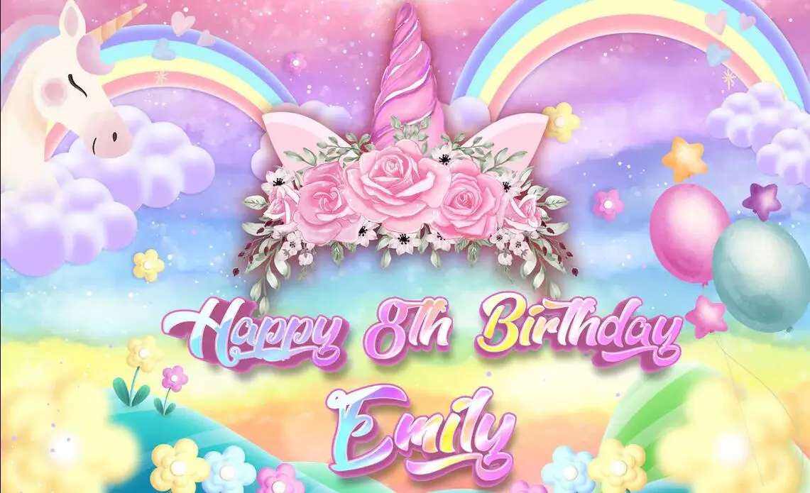 Personalizzato Arcobaleno Unicorno Rosa Fiore Palloncino Ragazza Baby Shower Foto Sfondo Compleanno Sfondo