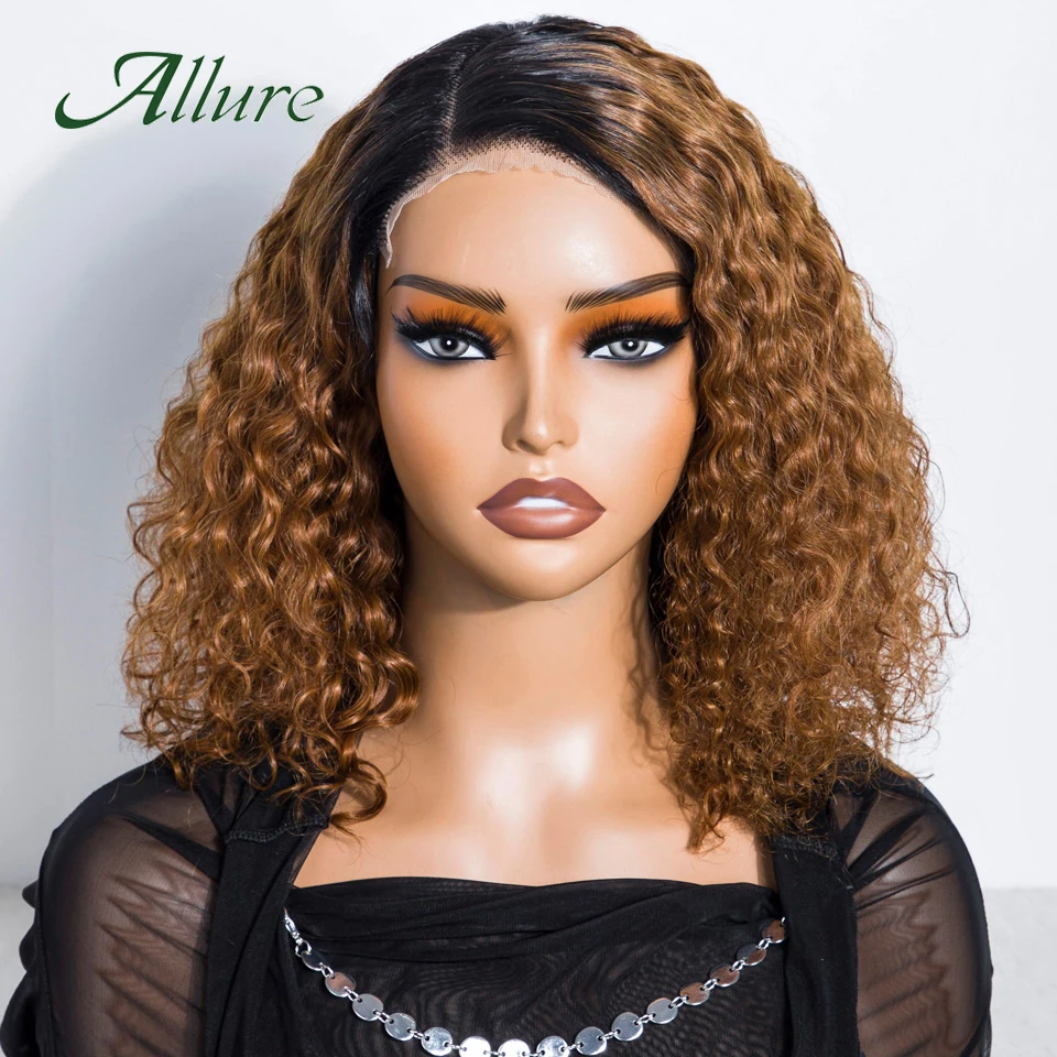 

Brazilian Jerry Curly Human Hair Short Bob Wigs 12 inch Brown Colored Hair T Part Lace Wigs For Black Women 180% Density Allure