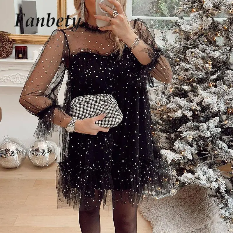 

Lady See Through Gauze Long Sleeve Dress Women Stars Sequins Temperamental Fairy Dress 2024 Spring Elegant Patchwork Mesh Dress