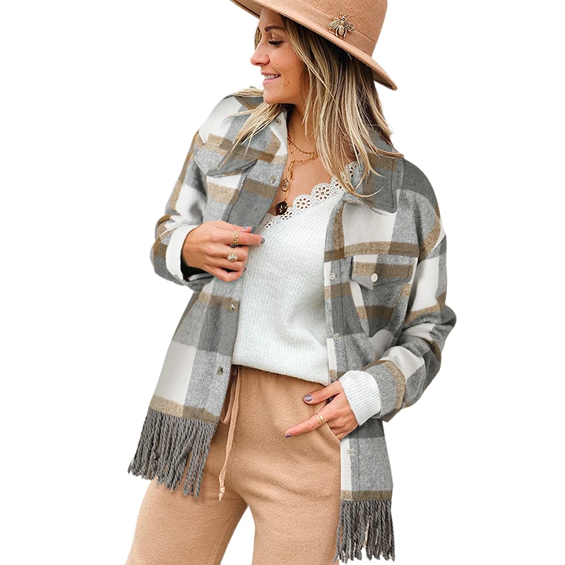 

Women Short Coat Autumn Fashionable Turn Down Plaid Print Loose Tassels Lady Jacket Warm Long Sleeve Female Clothes