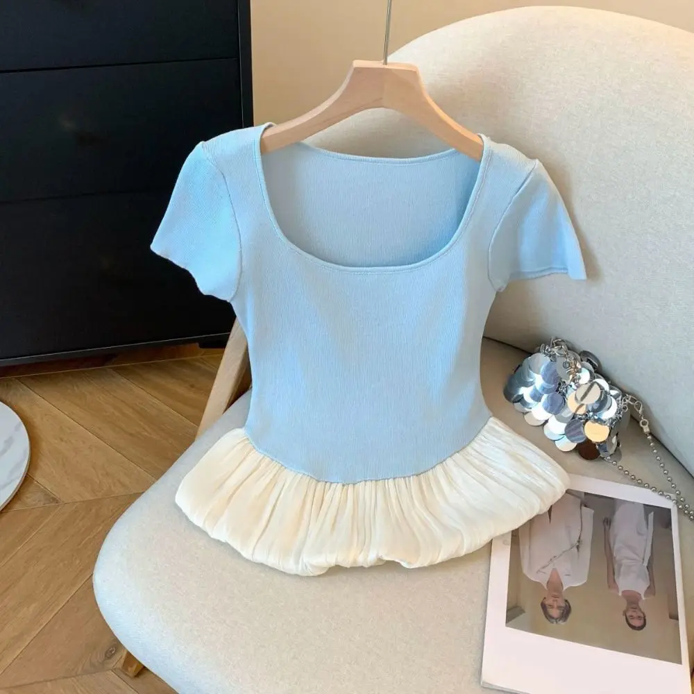 Fashion Short Sleeve Summer Knitted T-Shirt Slim Fit U-neck Sweet Crop Tops Patchwork Korean Style Mesh Ruffle T-Shirt Girls