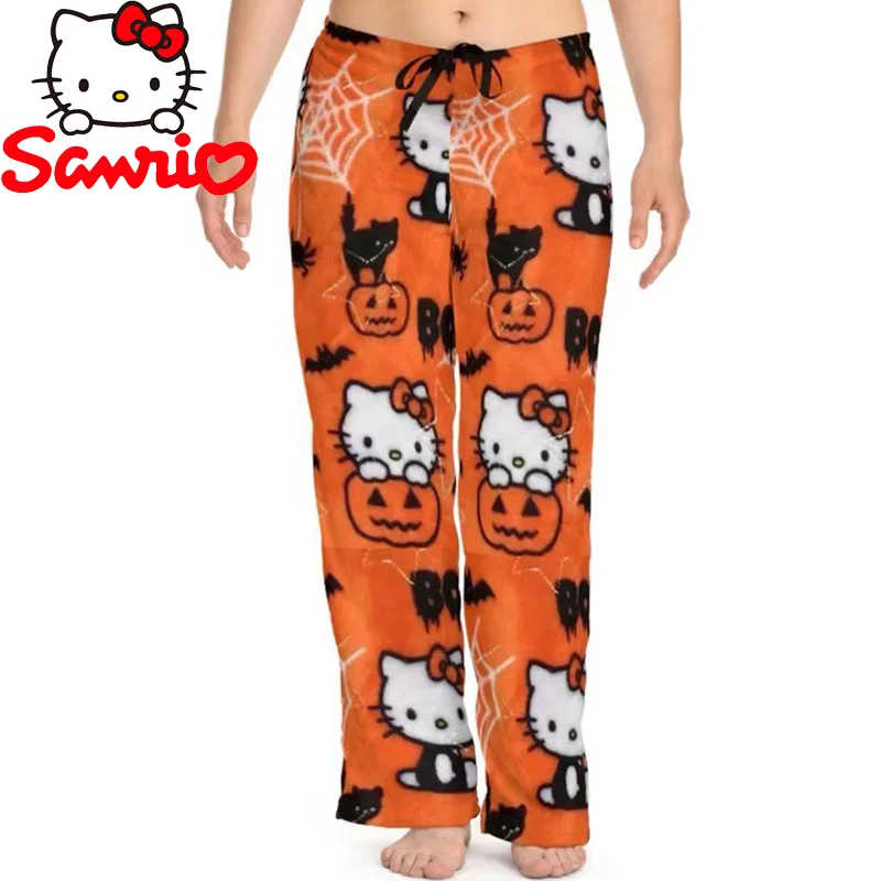 

Kawaii Hello Kitty Pajama Pants Halloween Cartoon Kt Cat Flannel Plus Velvet Warm Casual Home Pants Hello Kitty Plush Gift