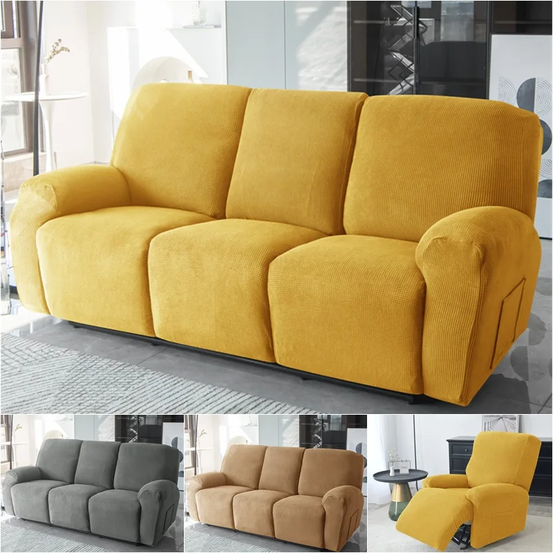 

1 3 Seater Polar Fleece Recliner Sofa Cover Elastic All-inclusive Relax Sofa Covers Lounger Armchair Slipcovers With Side Pocket