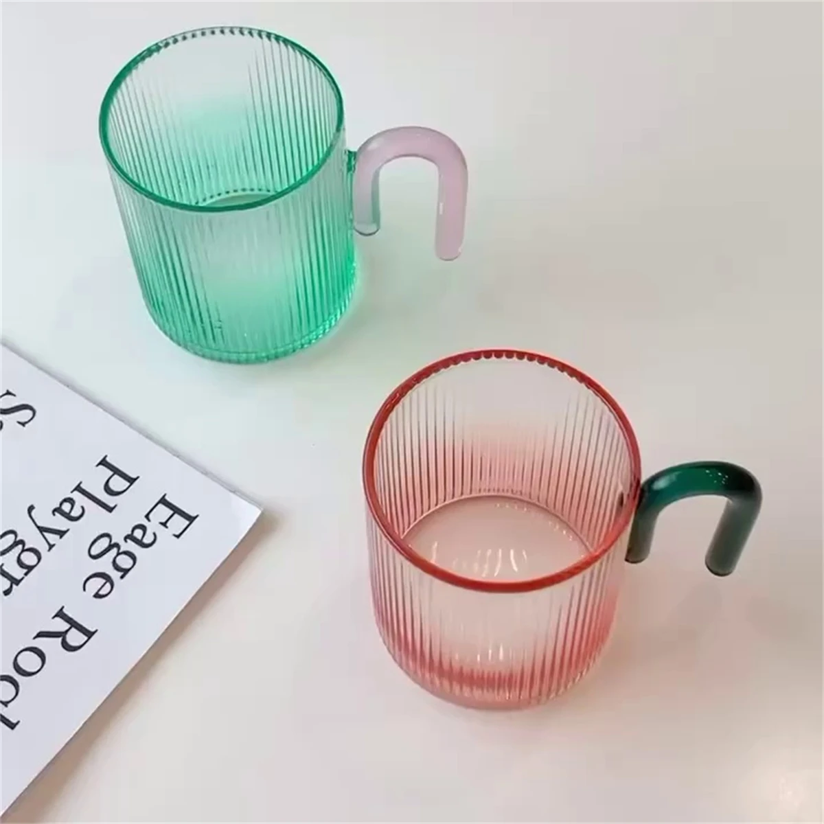 Korean Style Ins Style Colorful Vertical Pattern Glass Fresh Simple Couple Cup Household Tropical Handle Water Cup