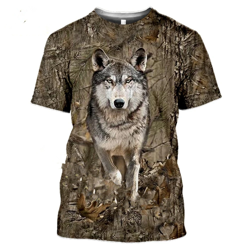 

Camouflaged hunting animal wolf rabbit men's summer casual large T-shirt street fashion outdoor animal short sleeve pullover