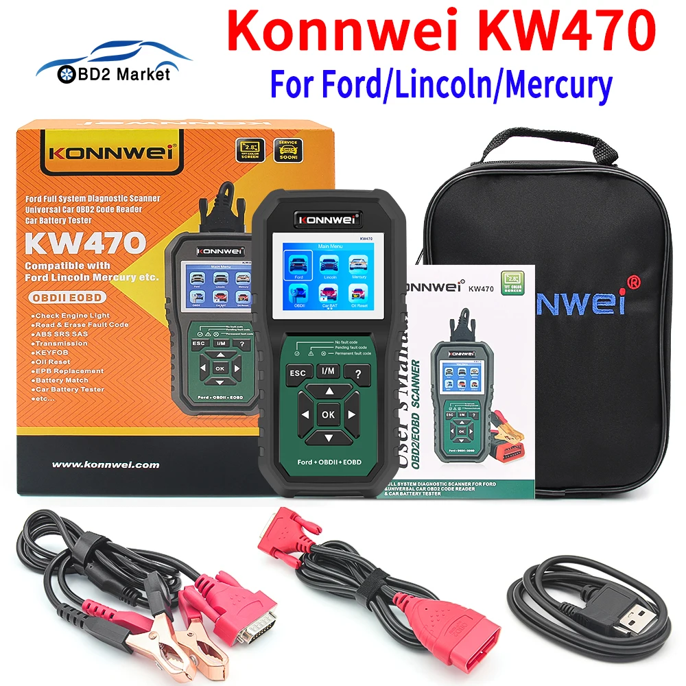 

KONNWEI KW470 OBDII полная система считывания кодов с аккумулятором тестер для Ford J2534 диагностический сканер для универсального автомобиля после 1996 г.