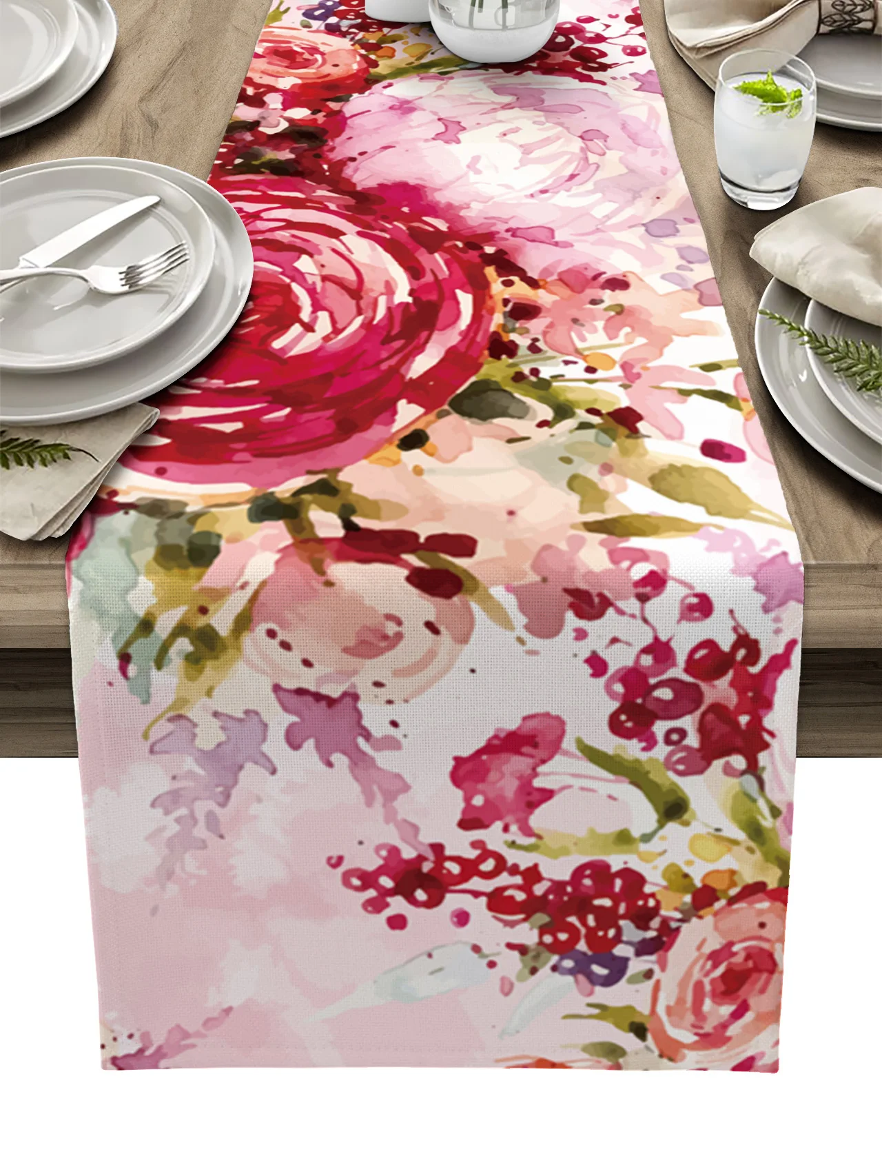 Watercolor Table Runner Peony Flower Plant Table Flag Home Kitchen Table Decoration Party Hotel Wedding Rectangular Tablecloths