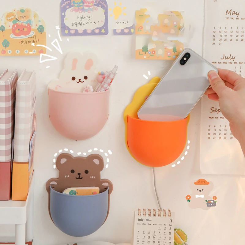 Kawaii Cartoon Bear Bunny Pen Holder Cute Storage Rack Self Adhesive Cosmetics Brushes Holder Korean Stationery Desk Organizer pen holder