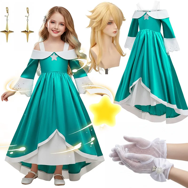 2026 Plumber Bros Film Schulterfreies Schwingkleid Galaxy Prinzessin Rosalina Verkleidung Mädchen Cosplay Outfit Kinderkostüm Kleid