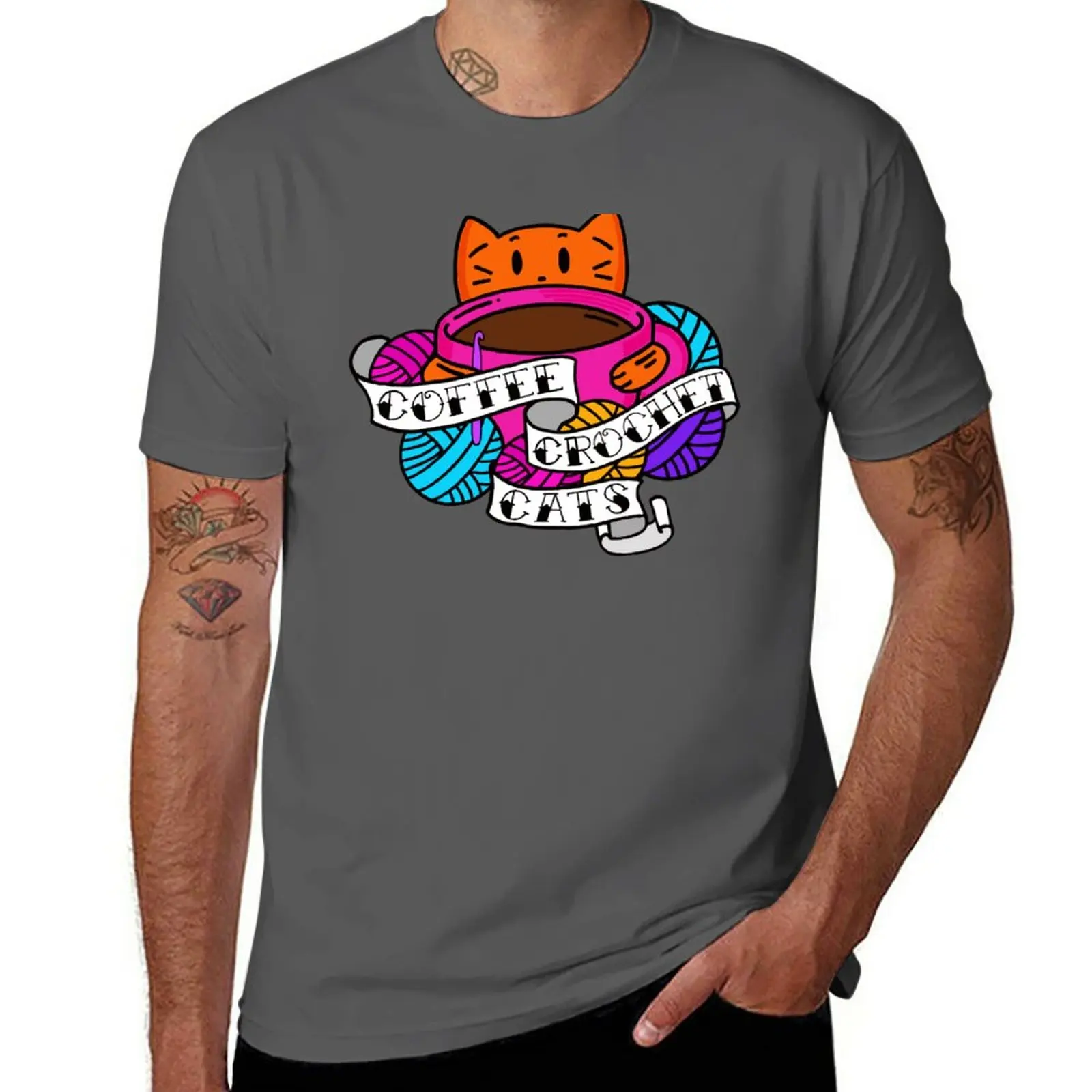 

Кофе, вязание крючком и кошками! Футболка, летняя верхняя одежда для мальчиков, одежда с животным принтом для мужчин