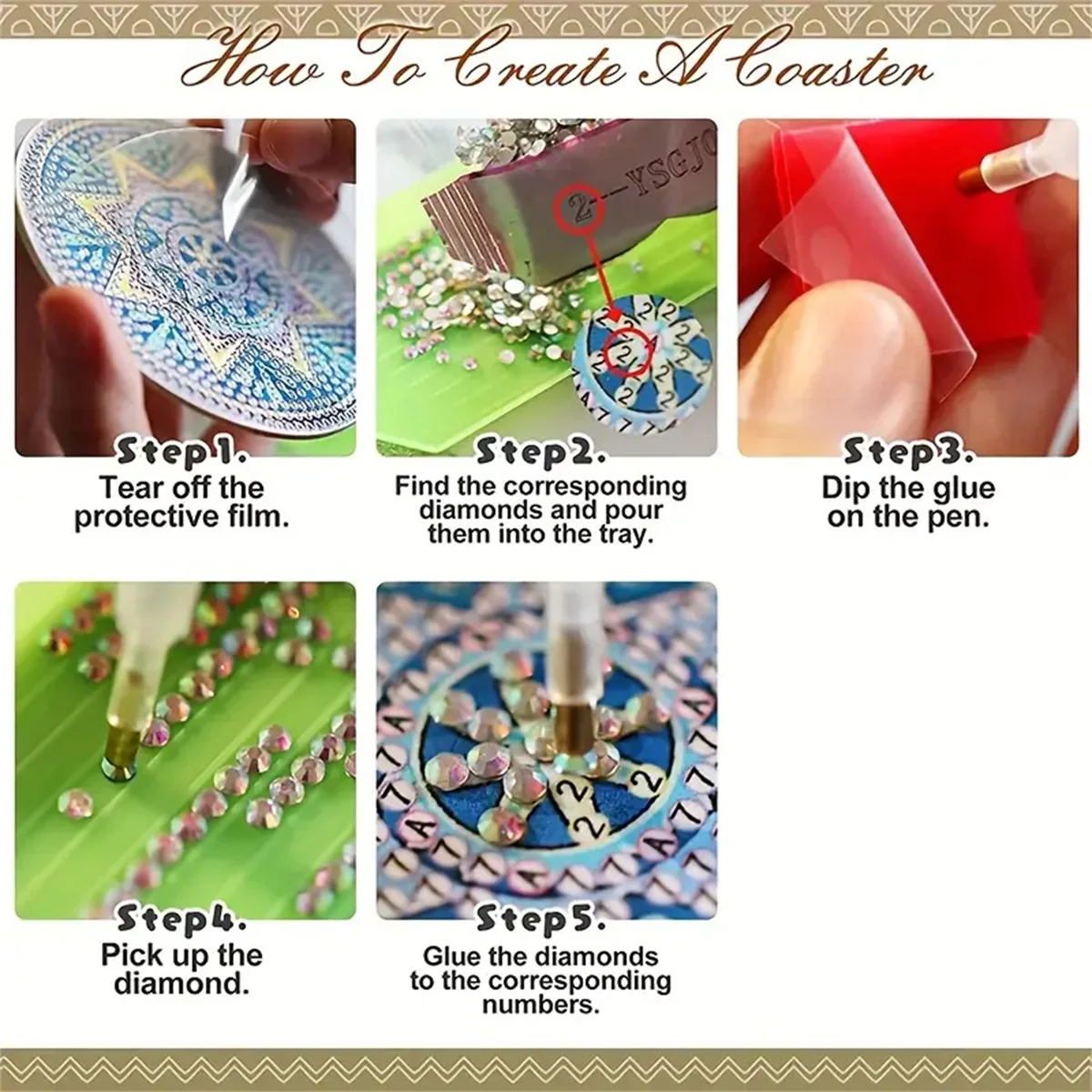 Five-step guide for making DIY Cat Sparkle Mosaic Drink Coasters (6-Pack) by KittyNook Cat Co. with included supplies.