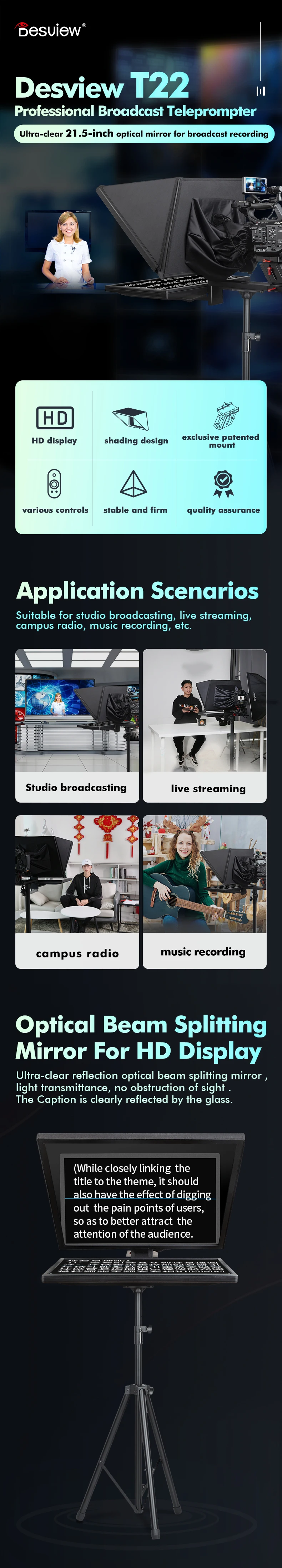 Desview T22 T17 T15 professional broadcast teleprompter with ultra-clear 22-inc