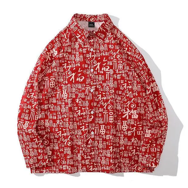 Women's Clothing Spring Summer 2023 Red Fu Printed Long-sleeved Shirt Chinese Style Tunic Bad Luck Walk Away Blouses Men