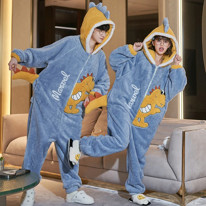 Kigurumis Dinosaur Onesie Couples Sleepwear Women Men One-Pieces Cartoon Winter Thicken  Homewear Pajamas  Lovers Unisex Pyjama