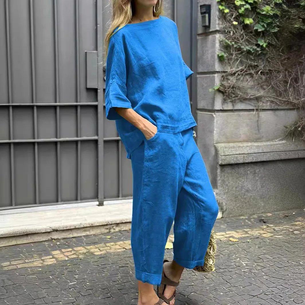 

Fashion Cotton Linen Loose Long Pant 2Pc Sets Casual Short Sleeve Solid Outfits Elegant O-neck Pullover & Pocket Pant Suit Women