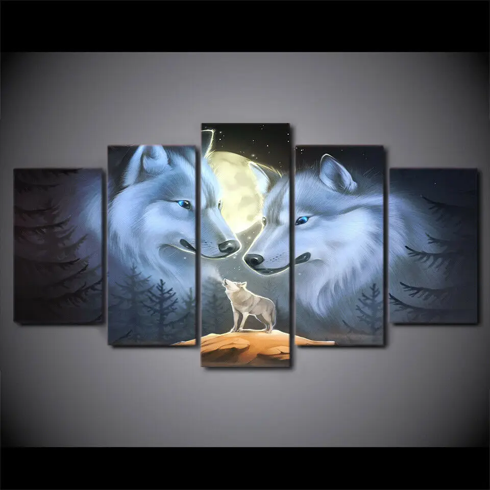 

Wolf family in Moon night 5 Pcs Canvas Wall Art Painting Poster Home Decor 5 Panel HD Print Pictures No Framed 5 Piece Paintings