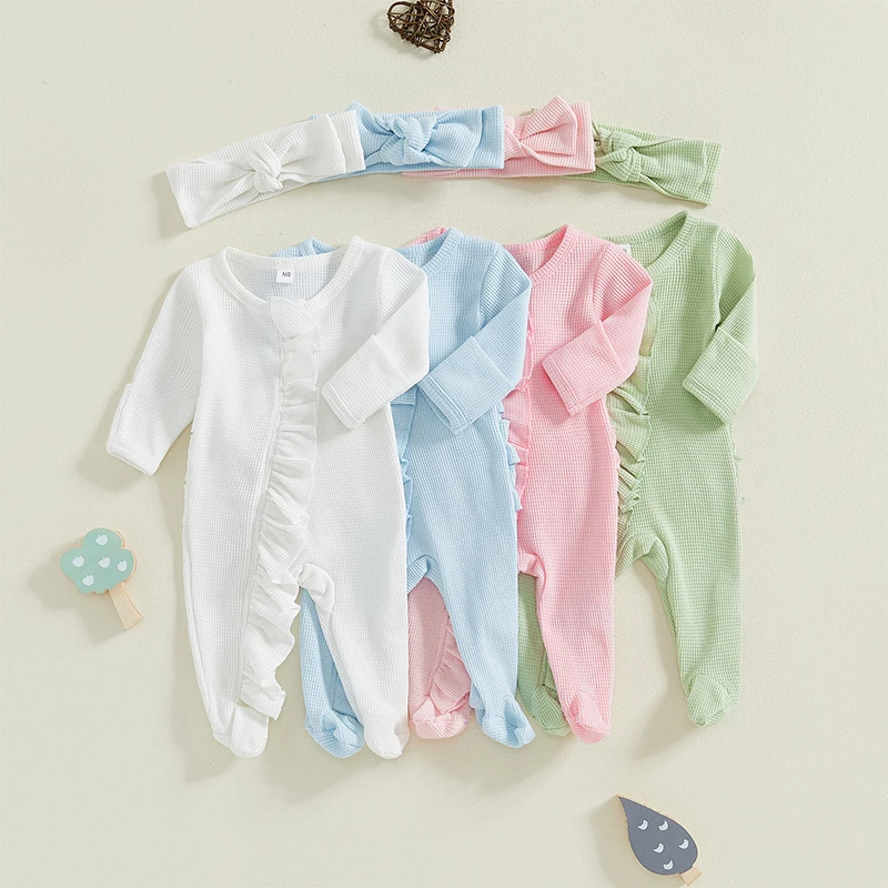 Pudcoco Newborn Baby Girl Fall Outfit Ruffle Trim Long Sleeve Full Length Zipper Footed Romper Bow Headband baby clothes