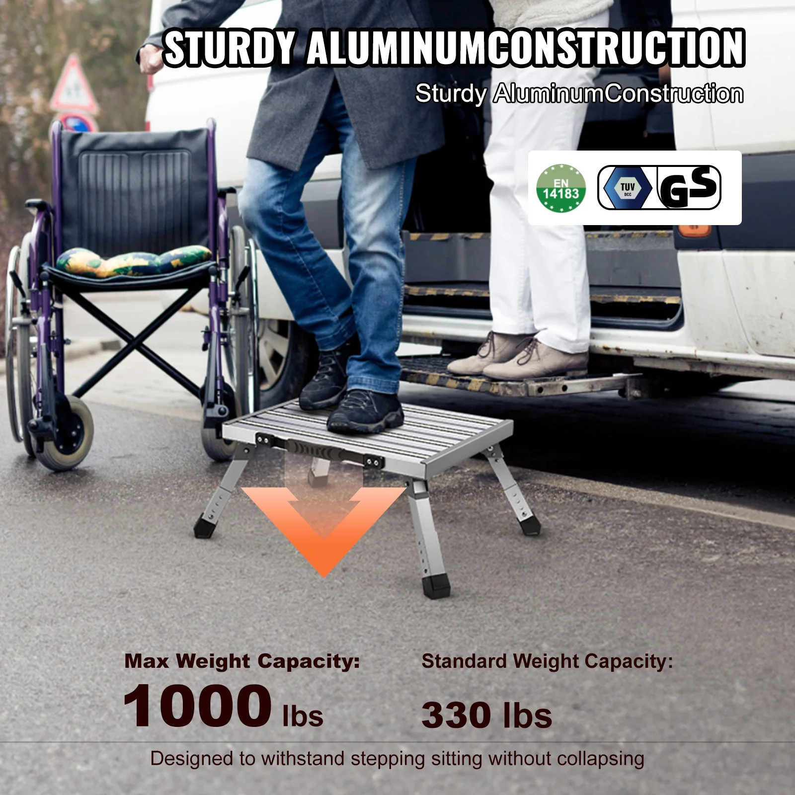 VEVOR Home Folding Platform Step Adjustable Height Utility Portable Steps Stool with Wide Anti-Slip Surface Supports Up 1000lbs 3