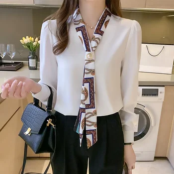 FANAN Elegant Fashion Office Lady Bow Solid Chiffon Shirts Women Clothing New Long Sleeve V-Neck Pullover Top Blouses Female2025 1