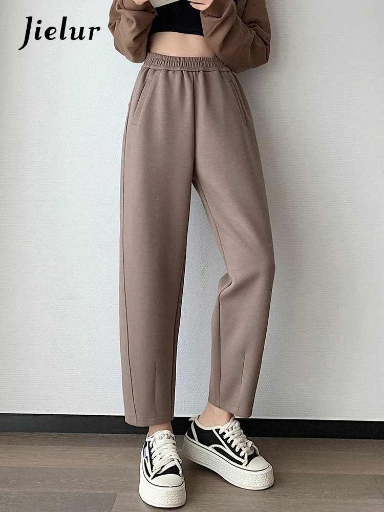 Jielur Loose Casual Sport Female Harem Pants Solid Color High Waist Simple Office Ladies Basic Coffee Black Apricot Women Pants la spezia pin buckle belt for women coffee real leather belt female vintage ethnic genuine leather cowhide ladies jeans belts