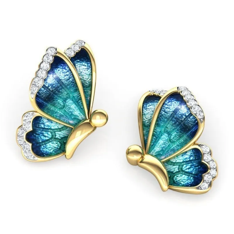 Fashion Alloy Oil Painted Butterfly Earrings for Women Vintage Rhinestone Zircon Insect Earrings Jewelry Çelik Küpe Toptan