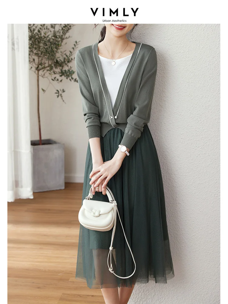 Vimly Chic Elegant Autumn Sweater Two Piece Skirt Sets Women 2023 Long Sleeve Knitted Tops Gauze Midi Skirt Suit Women's Outfits vimly french summer white tea dress for women 2023 elegant chic embroidery v neck short sleeves lace up waiste chiffon dresses