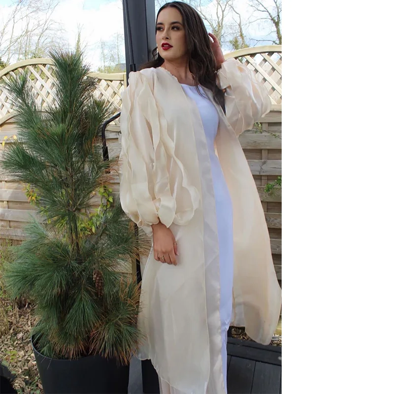 Women Dress Bubble Petal Sleeve Cardigan 2022 Summer Dubai Elegant Long Dress Muslim Fashion Evening Dresses