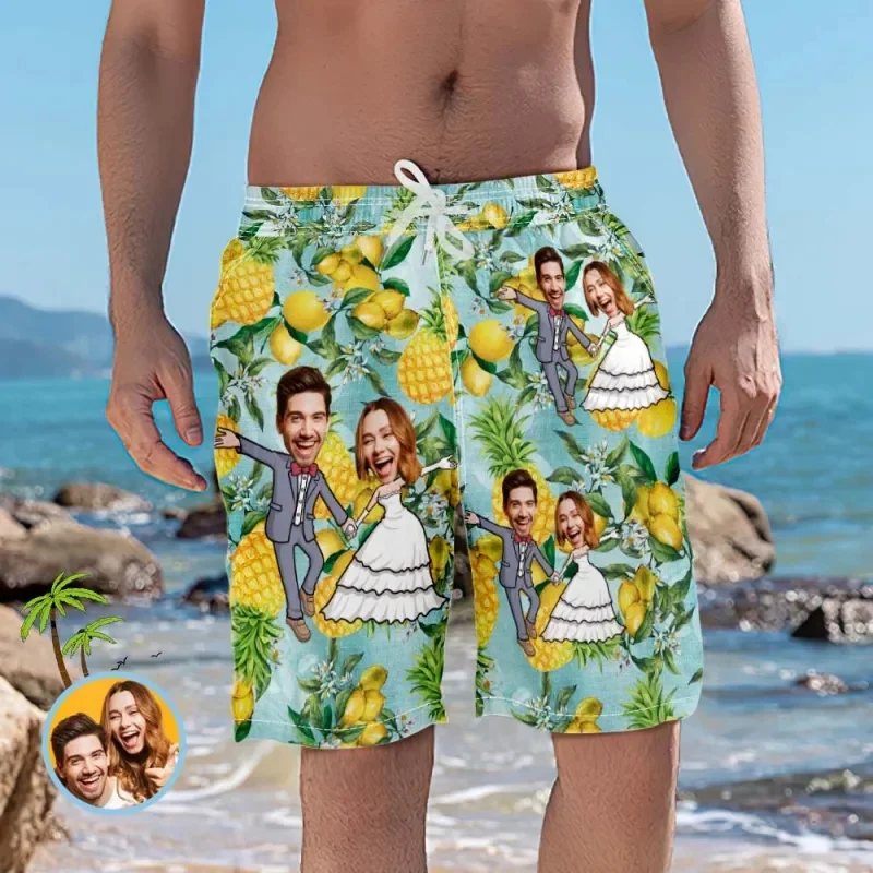 Custom Couple Face Beach Shorts Romantic Wedding Short Pants Funny Pineapple Shorts Comfortable Swim Trunks Best Wedding Gift 2