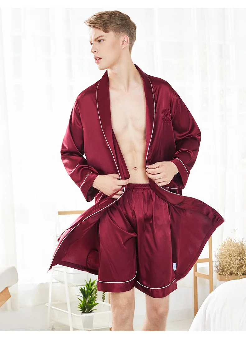 Plus Size Stain Men Pajamas Glossy Silk-like Bathrobe with Shorts Or Pants Sleepwear Nightwear Male Homewear Loungewear plaid pajama pants