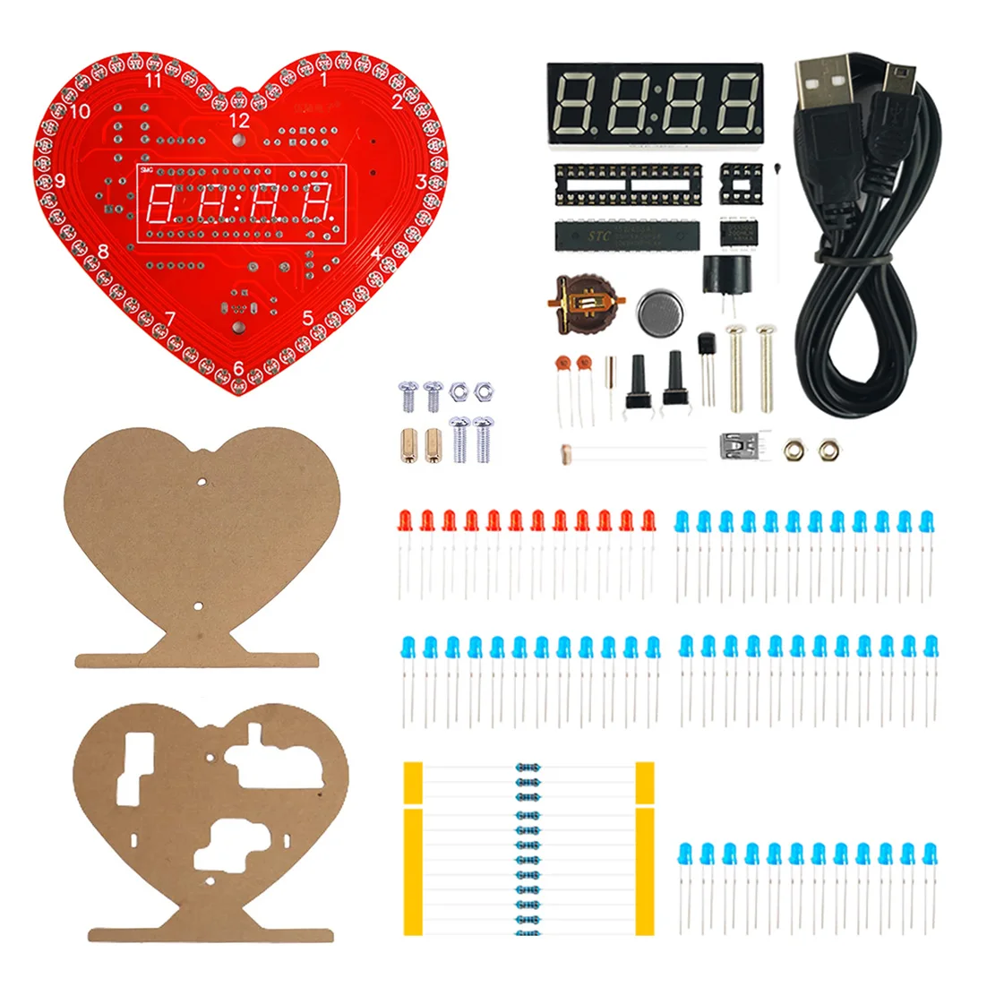 DIY Clock Kits Heart-Shaped 4-Digit Date/Time/Temperature/Week Alarm Clock Soldering Suite with LED Light for Girl Birthday Gift 6