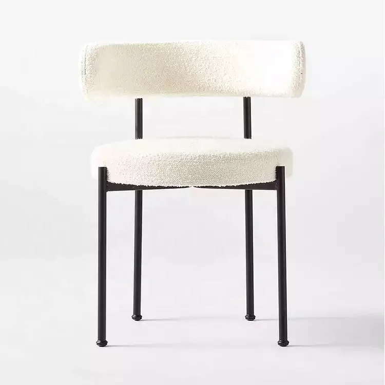 

Cream White Wool Blend Sherpa Black Metal Leg Dining Room Boucle Dining Chair