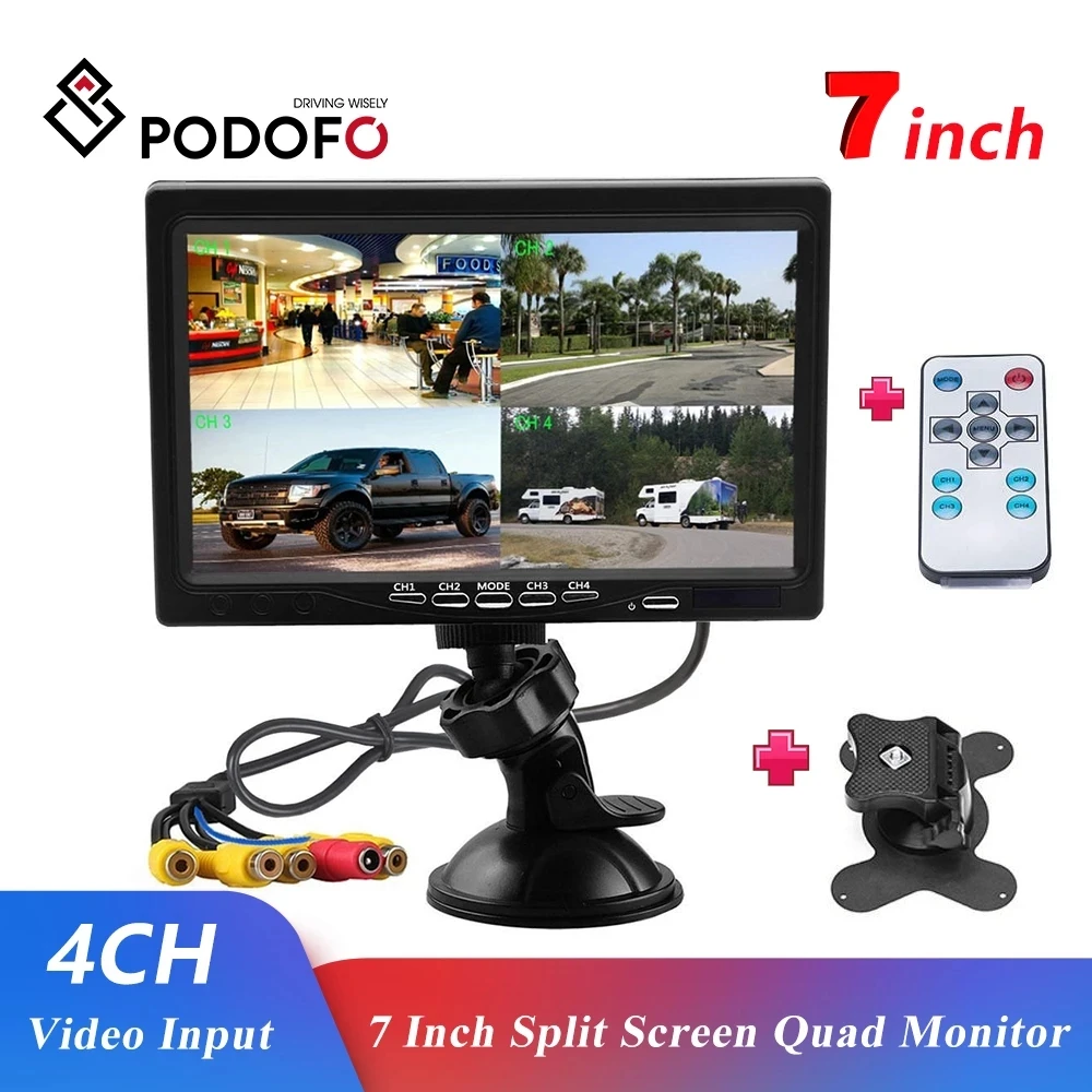 

Podofo 7 Inch Split Screen Quad Monitor 4CH Video Input Windshield Style Parking Dashboard for Car Rear View Camera Car-styling