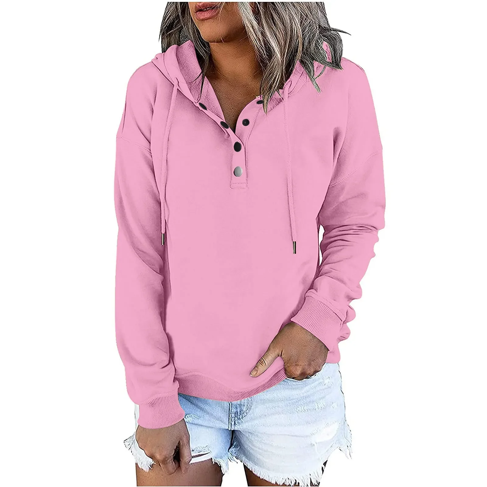 

Women Hoodies Sweatshirt Solid Color Drawstring Pullover Hoodie Autumn Batwing Sleeve V-Neck Women Sweatshirt Loose Jumper