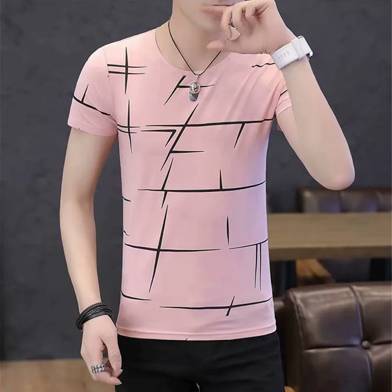 

Футболка мужская с коротким рукавом, тенниска в полоску, повседневная майка с круглым вырезом, цвет розовый/белый/черный, лето