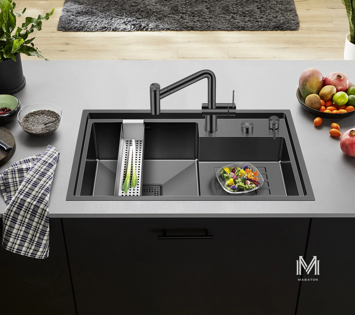 ASRAS 7947NM 304 Stainless Steel Nano Gray Stepped Kitchen Sink, Panel Thickness 4mm, Depth 220mm