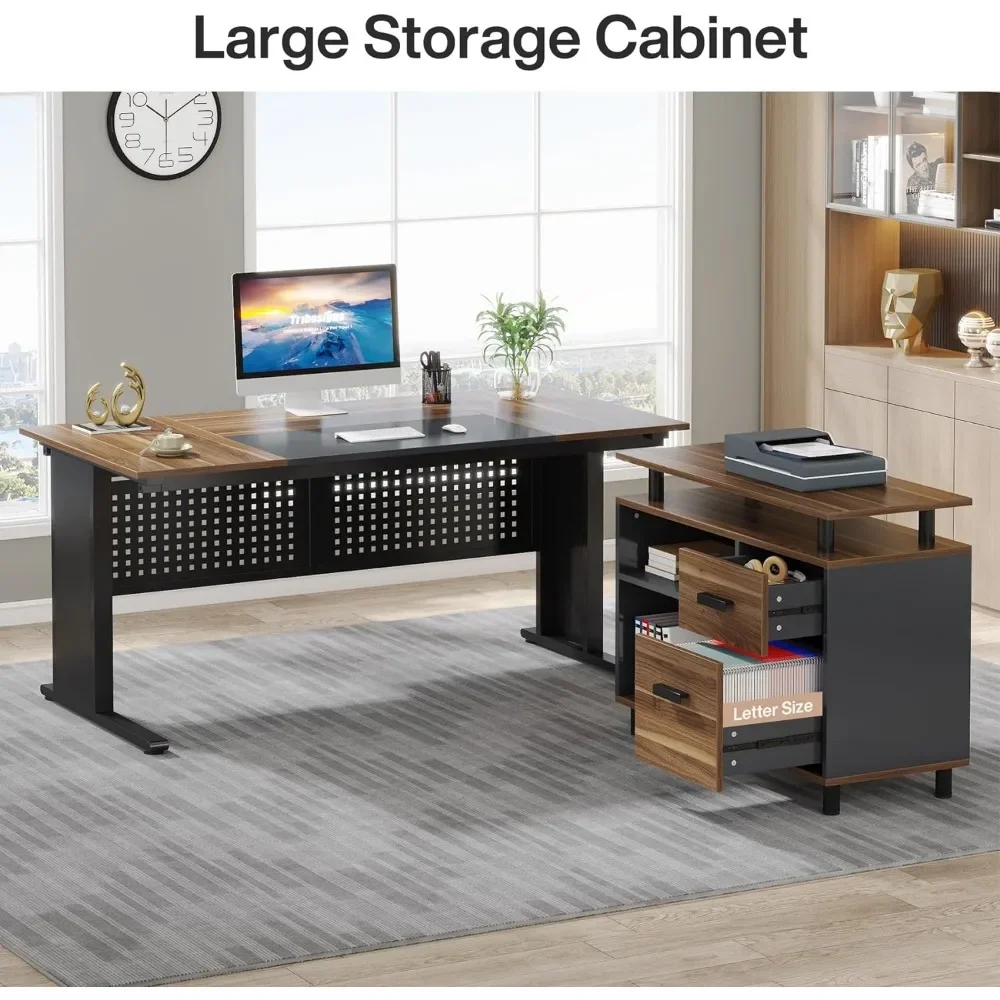 63 Inch Large Office Desk L Shaped Computer Desk with Drawers and Storage Shelves, Business Furniture Desk Workstation 2