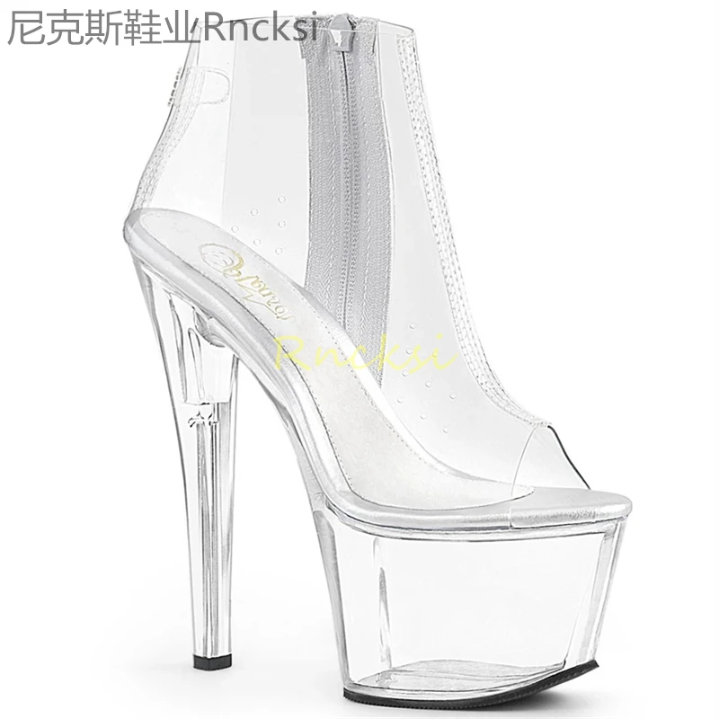 

17cm Fashion show pole dancing shoes ultra-high heel fully transparent night sexy sandals women waterproof platform ladies boots
