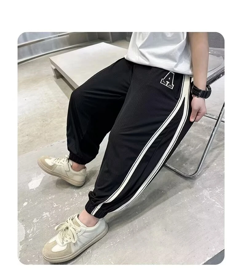 Boys Letter Print Striped Cool Loose Pleated Children Harem Long Pants Elastic Waist Casual Pant Trousers Pants for Teenager